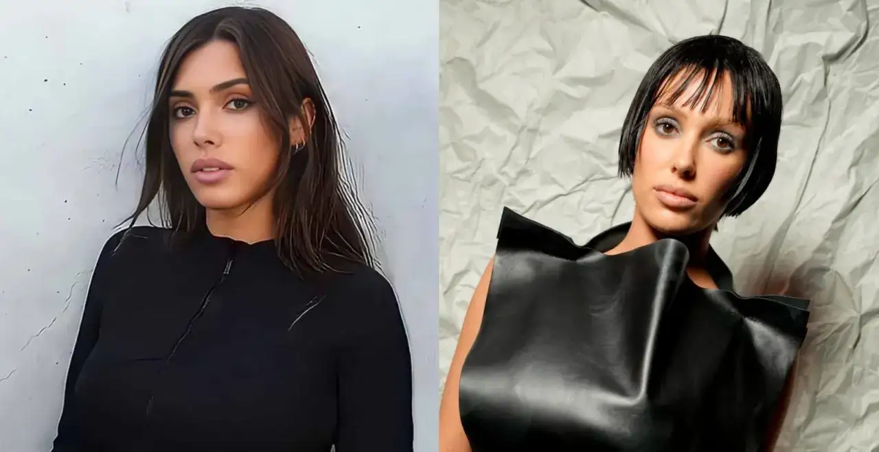 Bianca Censori i hennes unika stil, med en mjuk look till vänster och en dramatisk svart outfit till höger.
