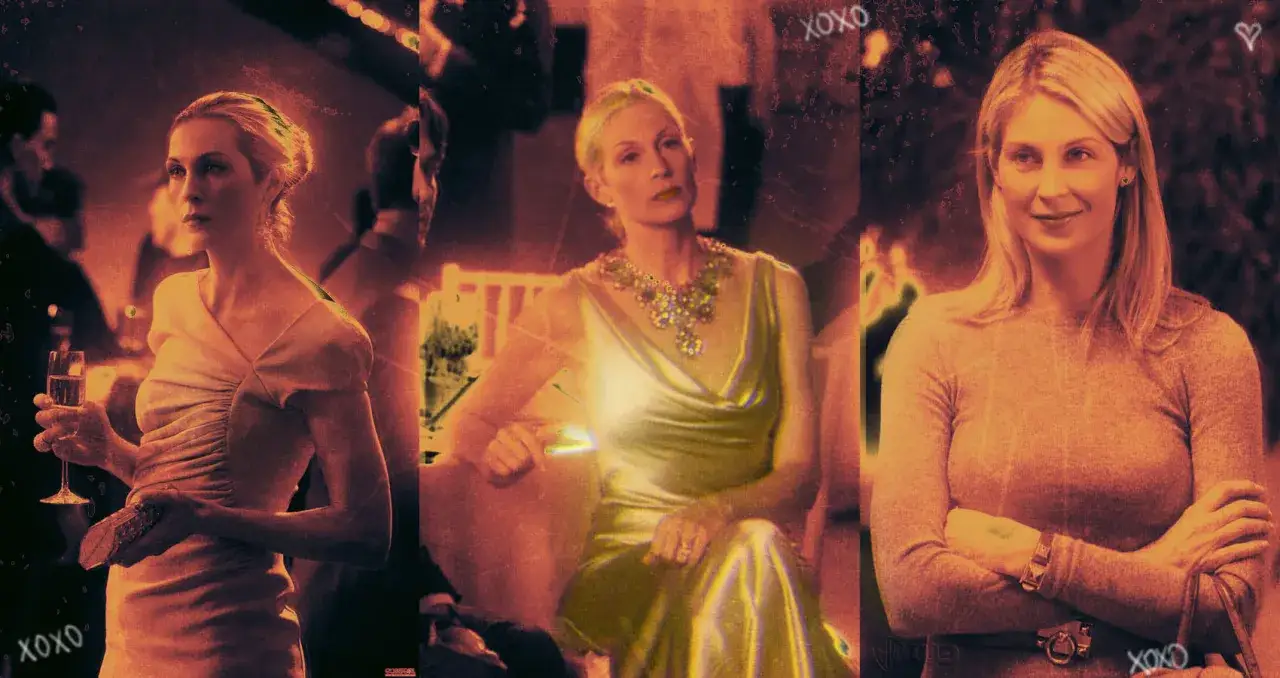 Lily van der Woodsen i tre olika stilar: elegant i klänning med champagne, glammig med smycken, och avslappnad i tröja.