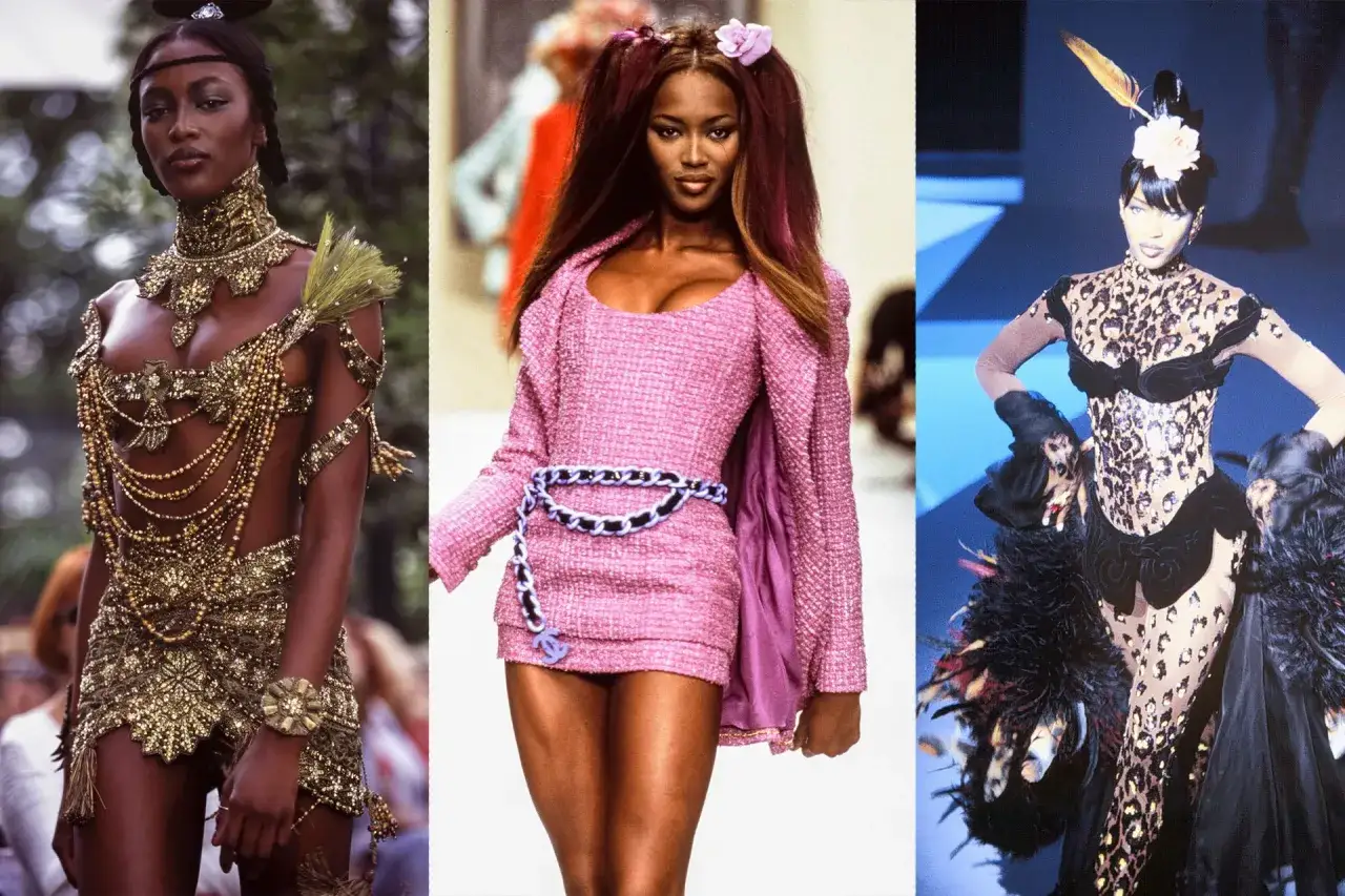 Campbell supermodell i tre ikoniska looks: en guldskimrande, en rosa tweedkl&auml;nning och en leopardm&ouml;nstrad kreation med fj&auml;drar.