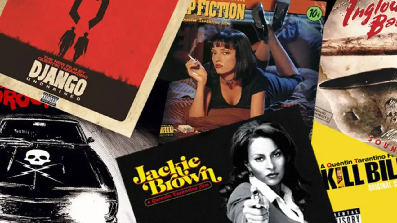 En collage av filmaffischer: Pulp Fiction, Django Unchained, Jackie Brown och Kill Bill. En filmisk Quentin-hyllning.