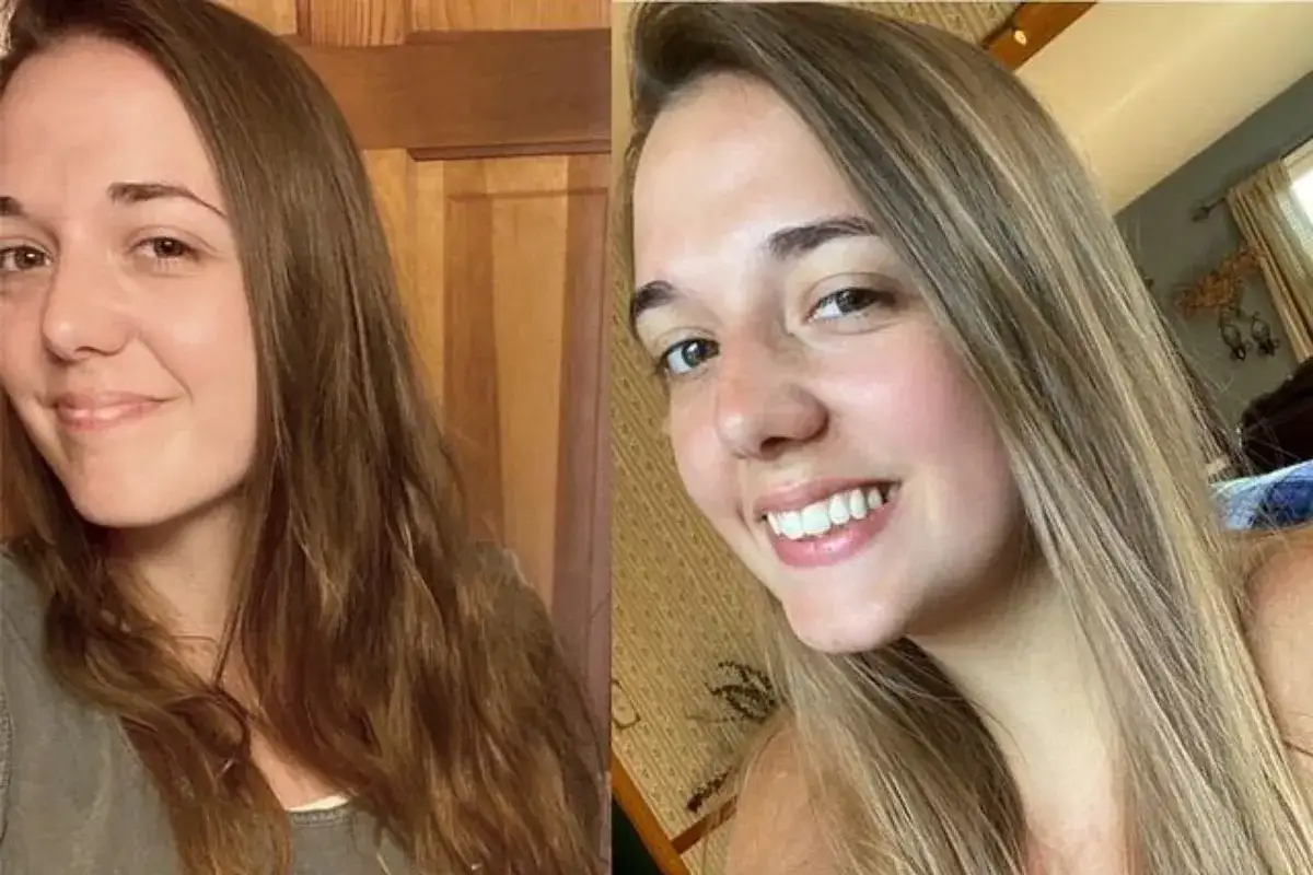 Före och efter: en ung kvinna med mörkare hår till vänster, och ljusare, solkysst hår till höger, som om hon försökt bleka håret med citron.