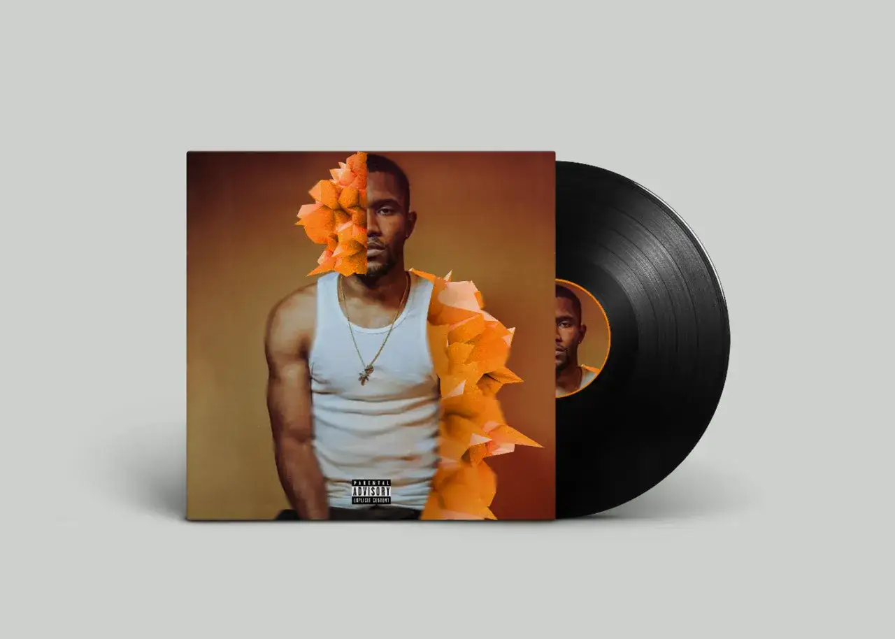 Frank Ocean, med en orange, geometrisk form som täcker halva ansiktet, på omslaget till sitt nya album. En vinylskiva ligger bredvid.