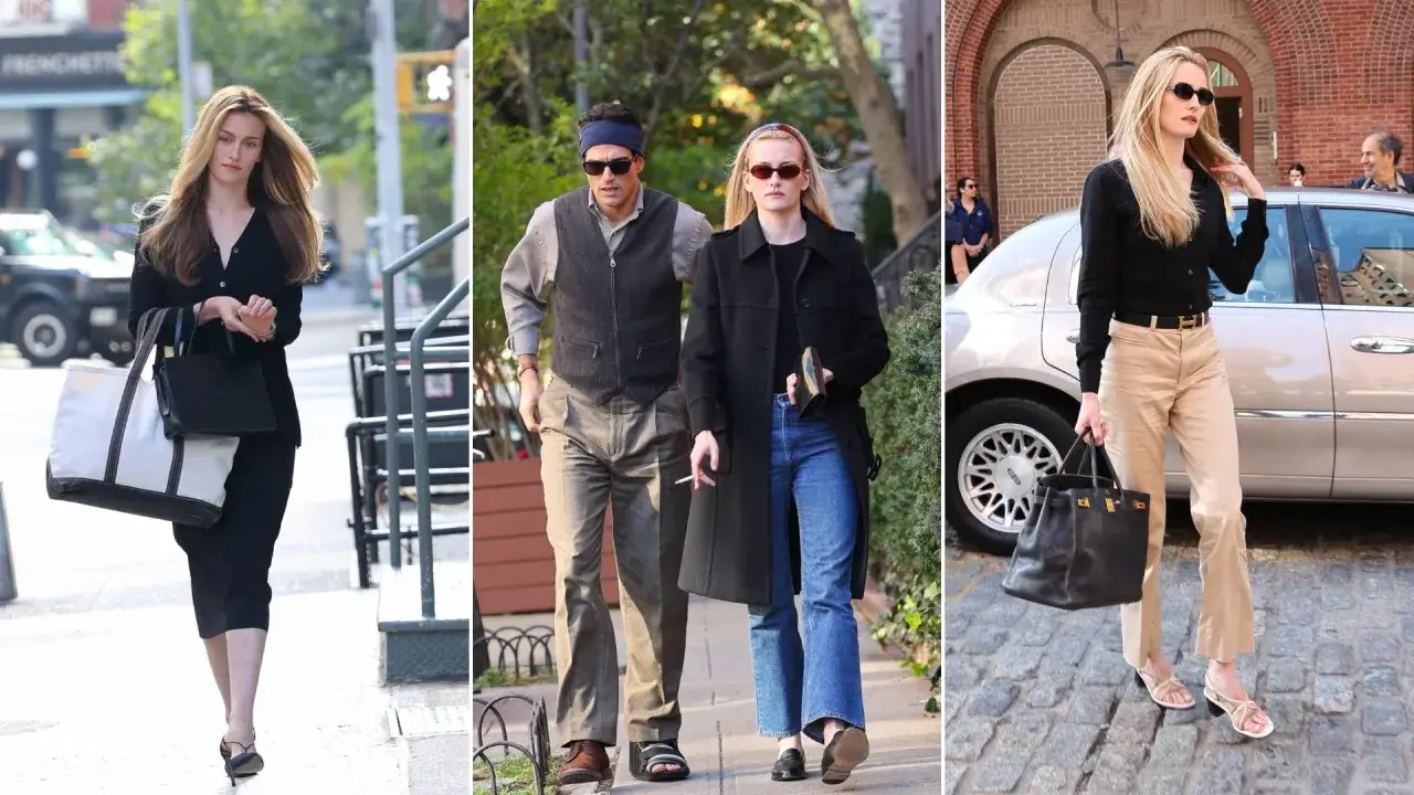 Kvinnor i New York med stil inspirerad av Carolyn Bessette Kennedy. En kvinna i svart klänning, ett par i trenchcoat och jeans, och en i beige byxor och svart kofta.