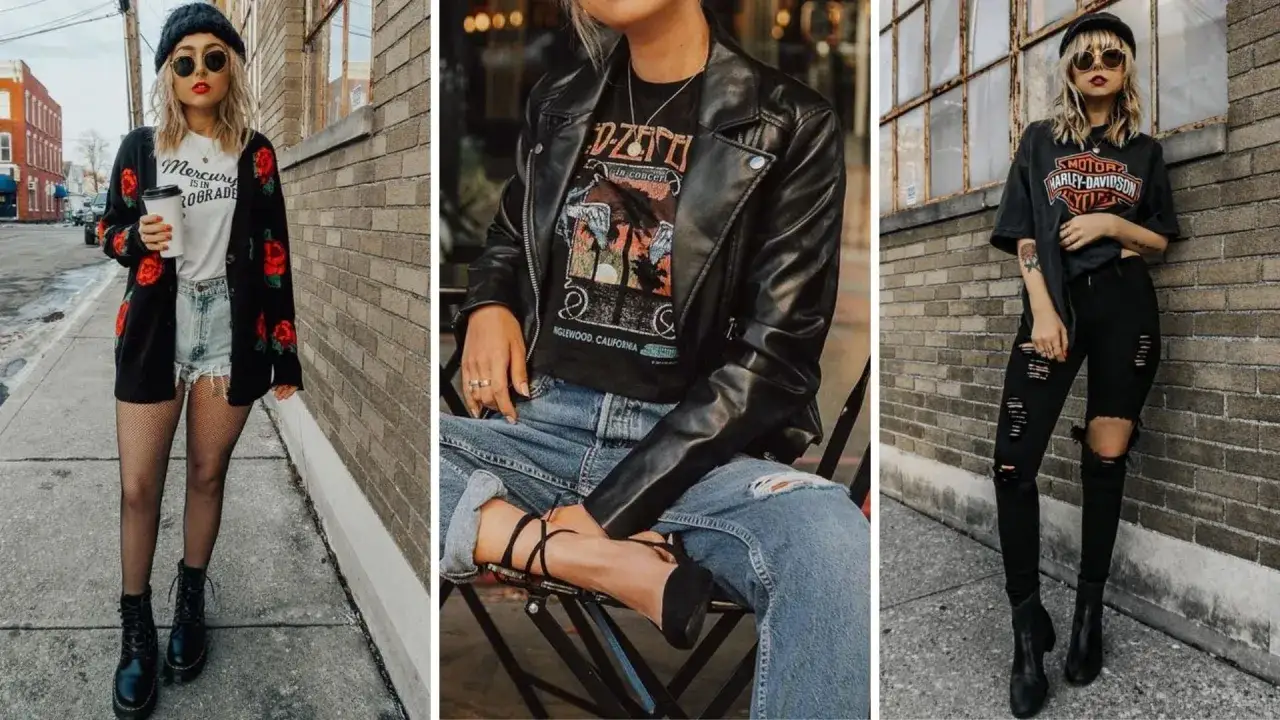 Tre unga kvinnor visar upp sin edgy style med läderjackor, slitna jeans och bandtröjor.