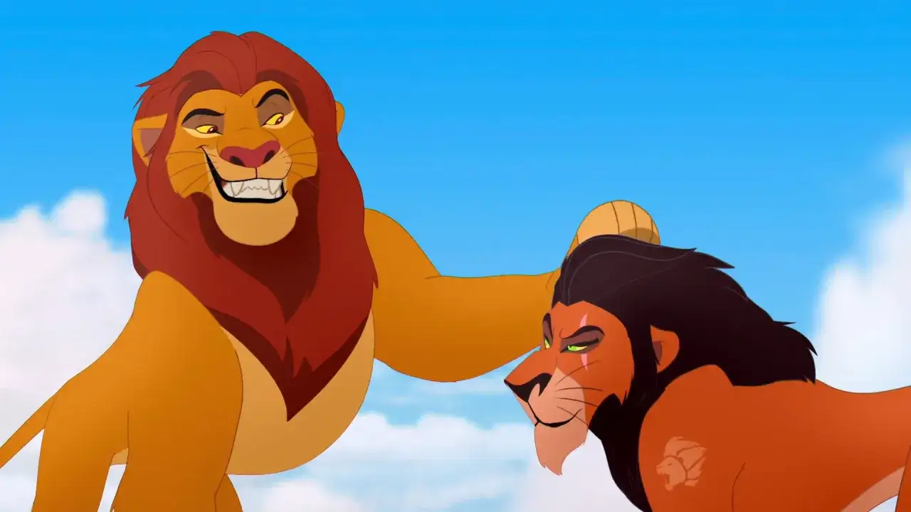 Mufasa lejonkungen lägger en tass på Scar, som ser misstänksam ut.