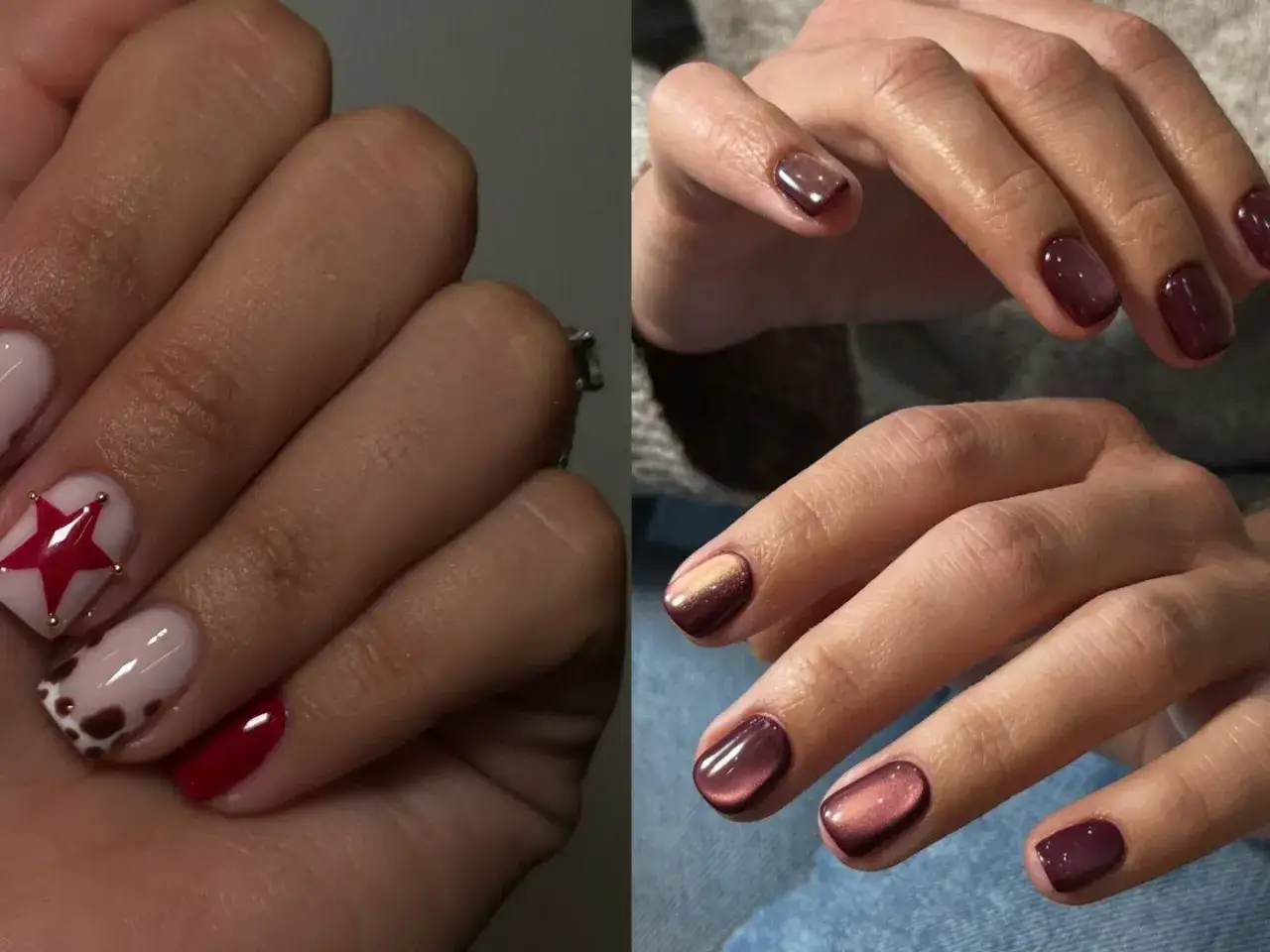 Två händer med snygga korta naglar. Vänster hand har ljusa naglar med en röd stjärna och en med fläckar. Höger hand har mörka naglar med cat eye-effekt.