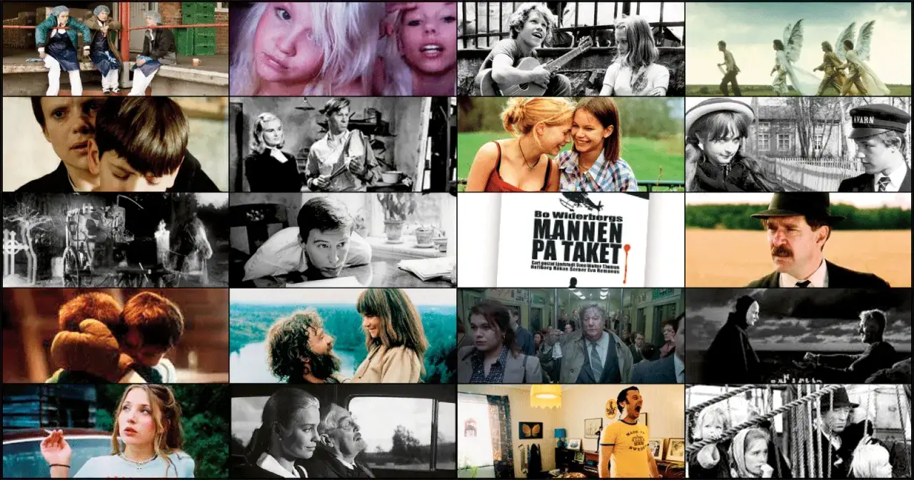 En samling scener från svenska bra filmer, med allt från barn och ungdomar till dramatiska ögonblick och historiska händelser.