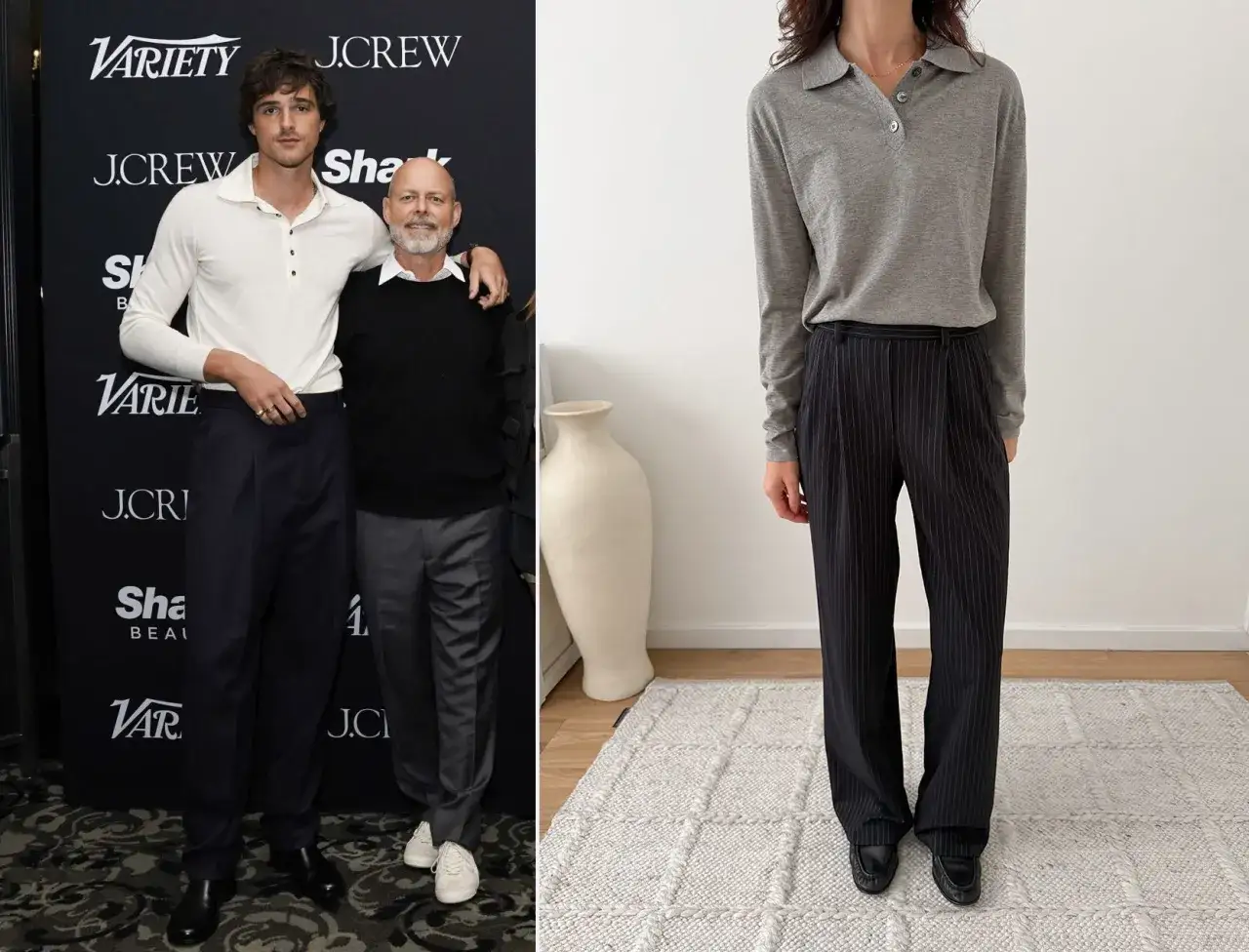 Jacob Elordi style: en man i vit pikétröja och mörka byxor, bredvid en annan man i svart tröja. Till höger, en person i grå polotröja och randiga byxor.