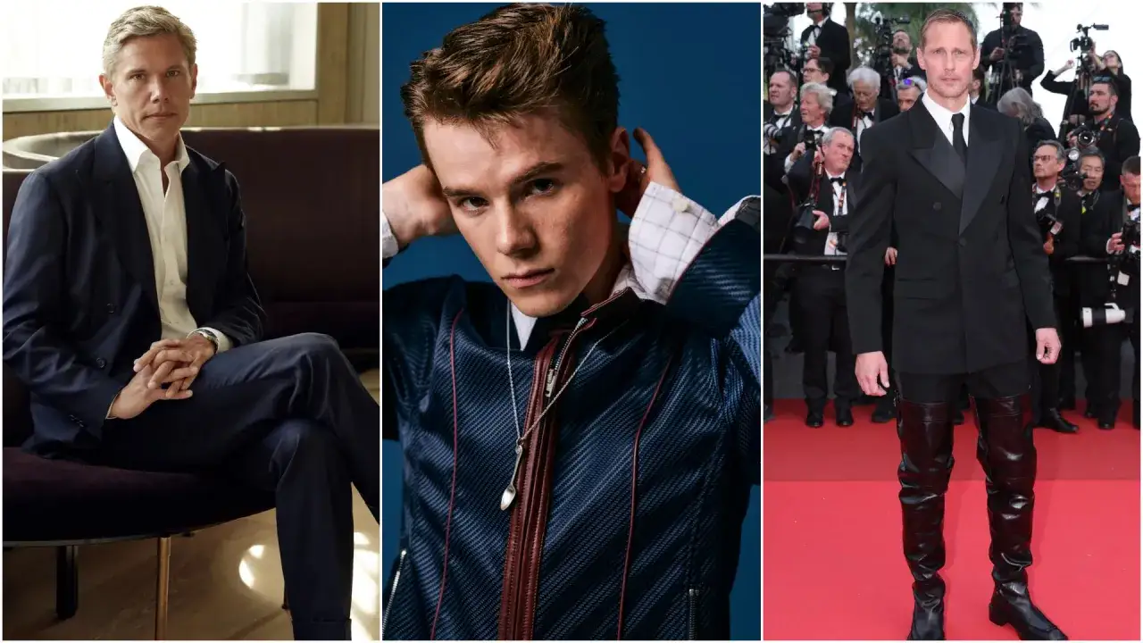 Tre porträtt: en man i kostym, en ung man med halsband, och Alexander Skarsgård i en unik outfit. Niklas Berglind är en av dem.