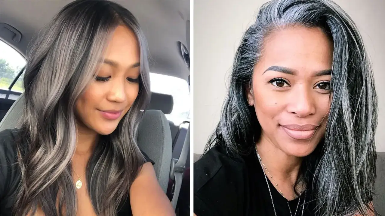 Två kvinnor med vackert balayage grått hår, en med mörkare botten och ljusare slingor, den andra med mer framträdande gråa slingor.