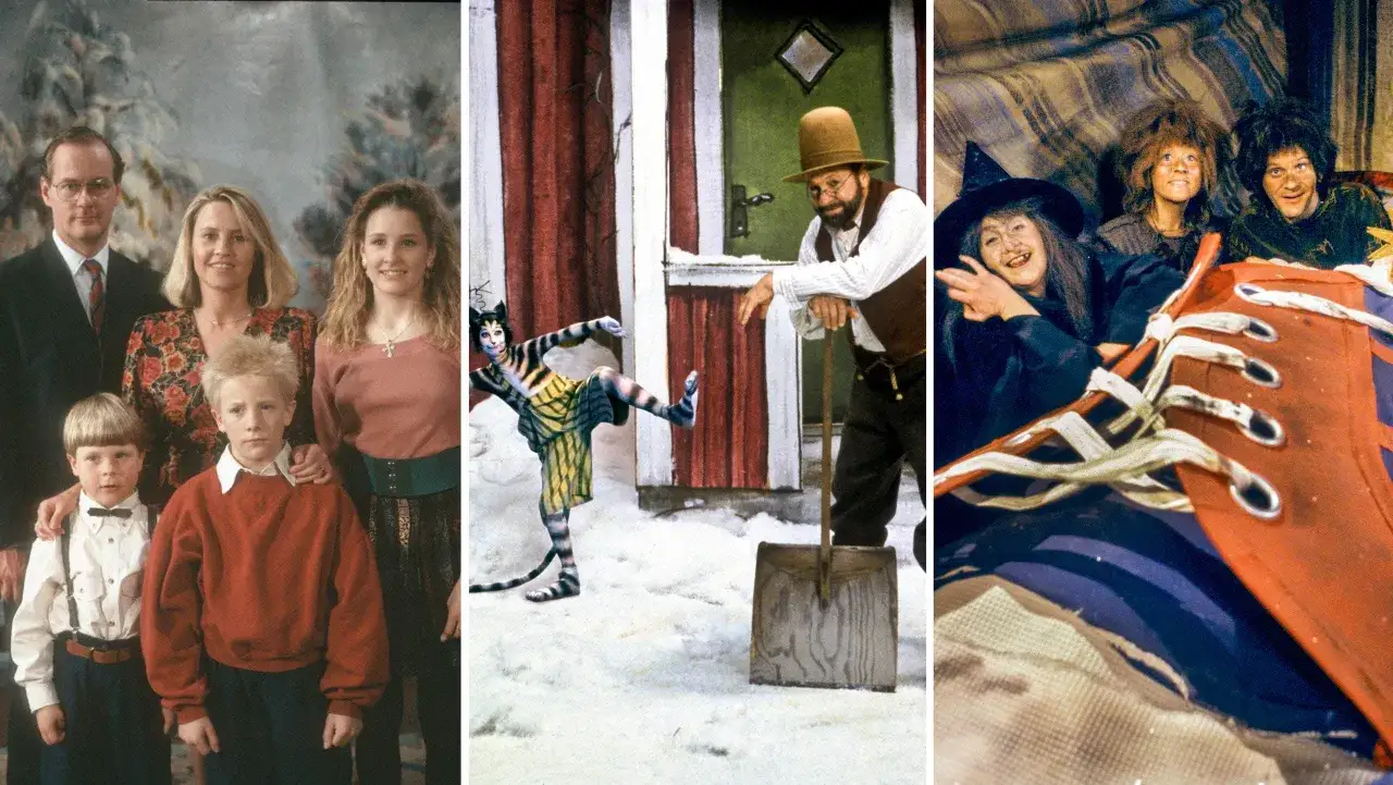 Minns du dessa gamla julkalendrar? En familj, en kattm&auml;nniska och n&aring;gra busiga h&auml;xor. Nostalgi!