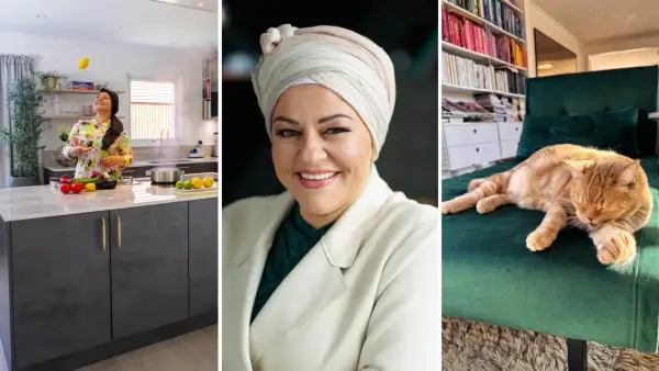 Zeina Mourtada i köket med citroner, en glad kvinna i hijab och en sovande katt.
