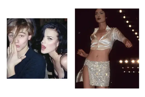 Shalom Harlow 90s-stil med Leonardo DiCaprio. En annan bild visar Shalom Harlow i en glittrig minikjol och satin-topp.