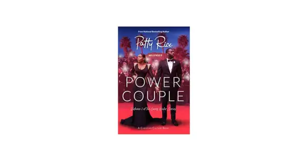 Ett elegant power couple håller varandra i handen framför Hollywood-skylten. Boken "Power Couple" av Patty Rice.