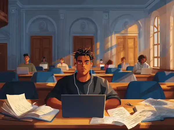 Ung man med hörlurar pluggar i ett solbelyst klassrum. Hela vibben är så *aesthetic*, en riktig *mood*.