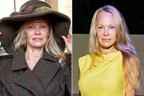Pamela Anderson no makeup, i vänster bild med hatt och rutig kappa, i höger bild i gul klänning.