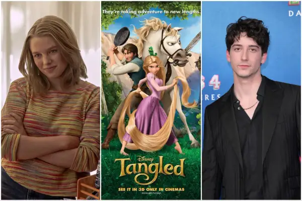Teagan Croft i en randig tröja, bredvid en affisch för Disney's Trassel och en man i svart kostym.