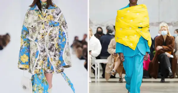 Balenciaga models visar upp unika, blommiga jackor och en modell i turkost med en stor, gul scarf.