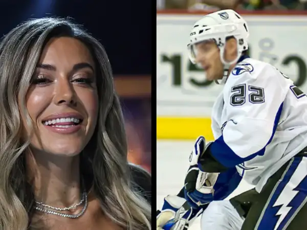 Bianca Ingrosso ler glatt medan en hockeyspelare, möjligen Patrick Cehlin, spelar.