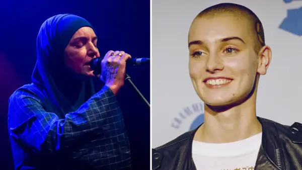 Sinead O'Connor med långt hår och som ung, samt senare med hijab och sjungande.