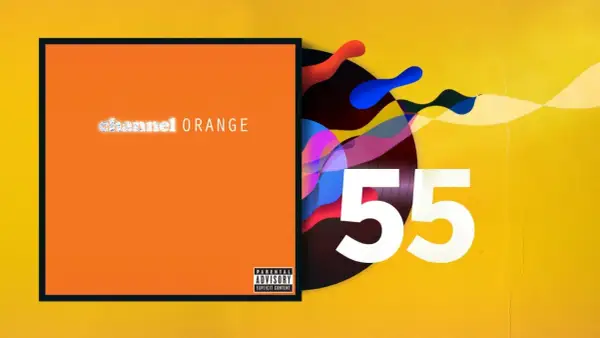 Orange skivomslag med texten "channel ORANGE" och en "Parental Advisory" etikett. Bredvid syns en vinylskiva med färgglada former och siffran 55. En hyllning till Frank Oceans nya album.