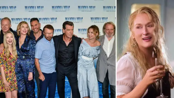 Skådespelarna från Mamma Mia! Here We Go Again samlade, med Meryl Streep som njuter av ett glas. Mamma mia 3!