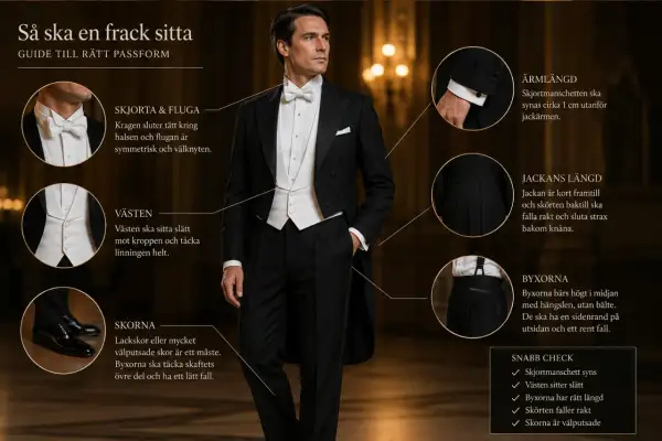 Man i frack med vit fluga och väst, en guide till perfekt passform för klädkoden black tie. Detaljer om skjorta, ärmlängd, jacka, byxor och skor.