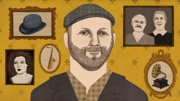 Illustration of a man with a beard and cap, surrounded by framed portraits of a woman, a saxophone, two men, and a gramophone.